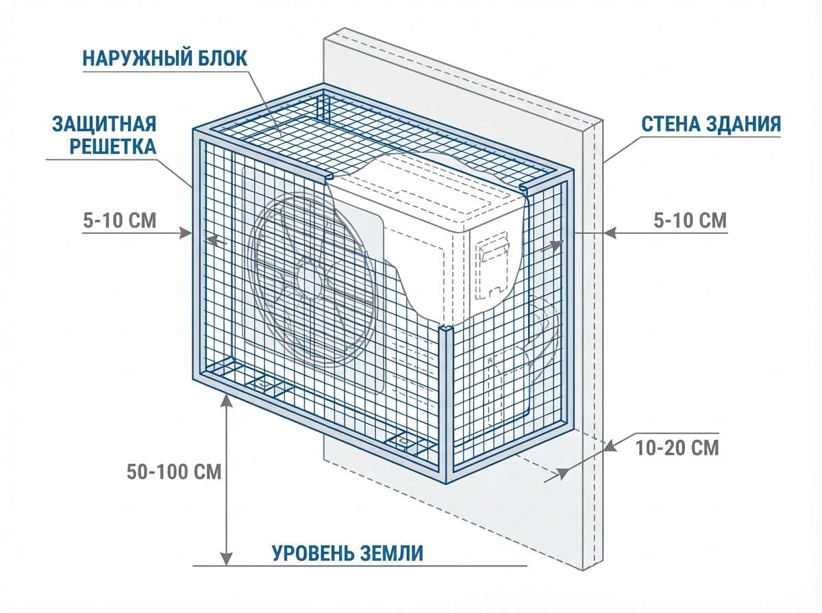 Схема установки корзины для кондиционера с указанием необходимых зазоров и размеров