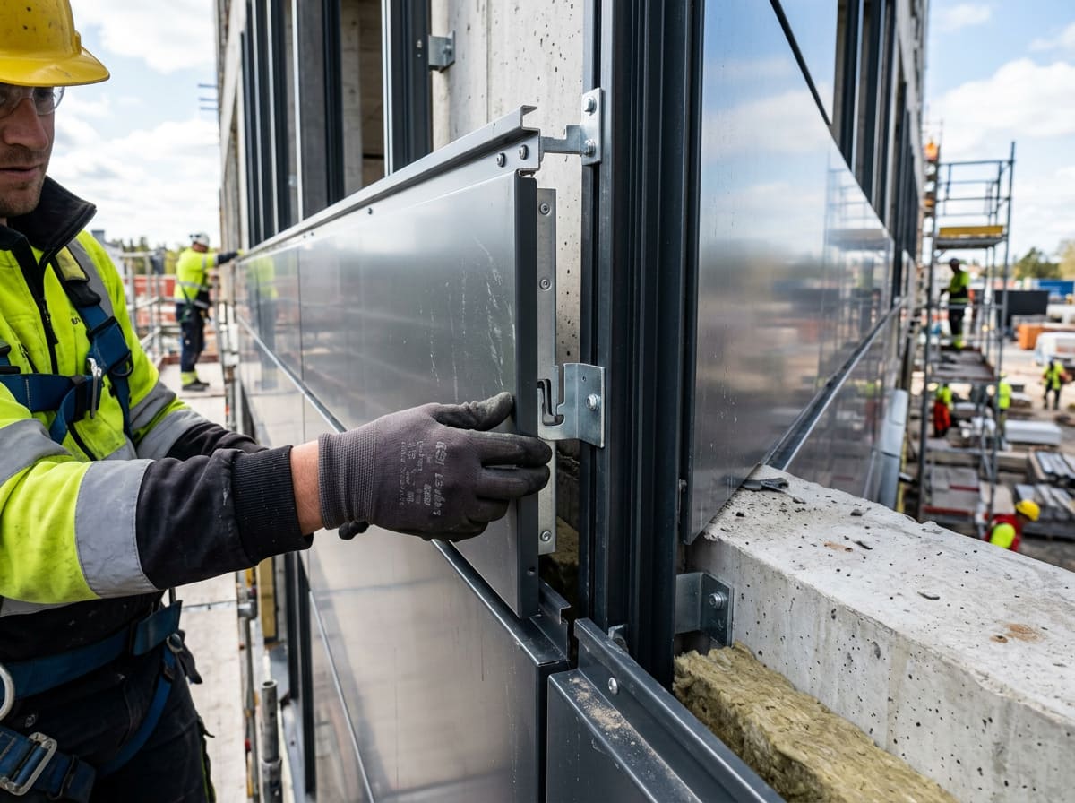 Крепление металлокассет на направляющие профили — монтаж вентилируемого фасада