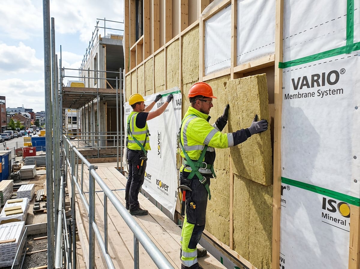 Монтаж утеплителя из минеральной ваты и ветрозащитной мембраны вентилируемого фасада