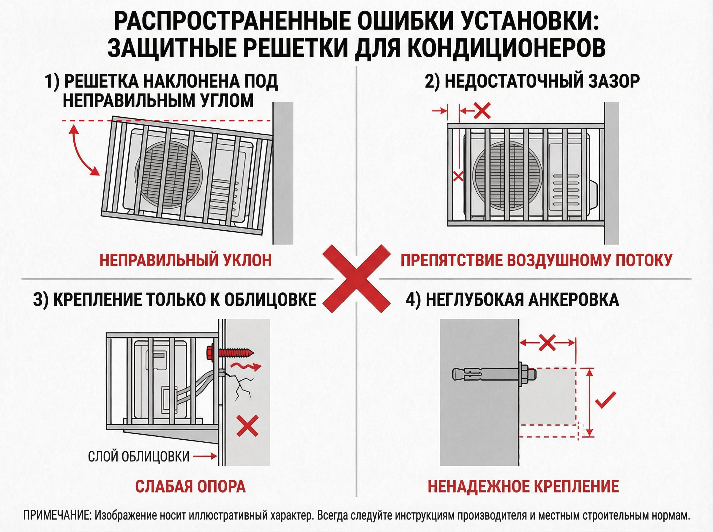 Типичные ошибки при установке корзины для кондиционера: неправильный угол наклона, недостаточные зазоры, поверхностное крепление