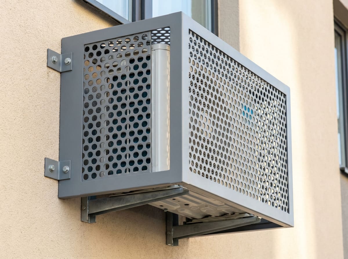 Корзина для наружного блока кондиционера установленная на фасаде жилого дома